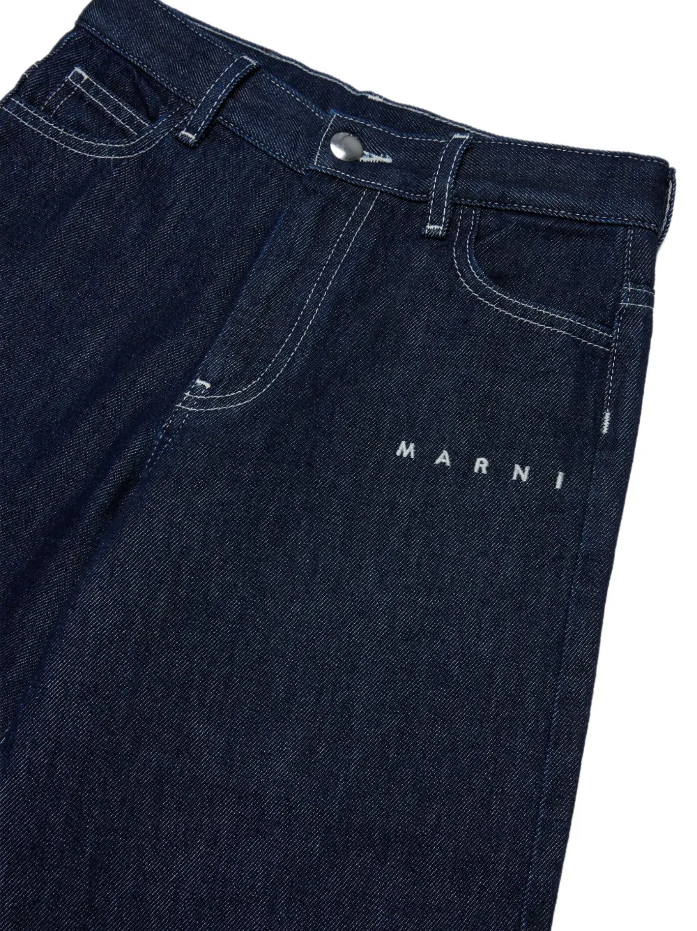 Marni Kids logo-embroidered contrast-stitch denim shorts Blauw
