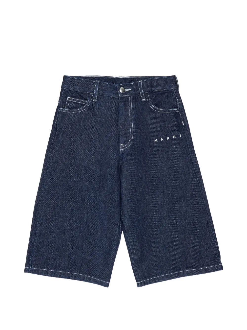 Marni Kids logo-embroidered contrast-stitch denim shorts - Blu