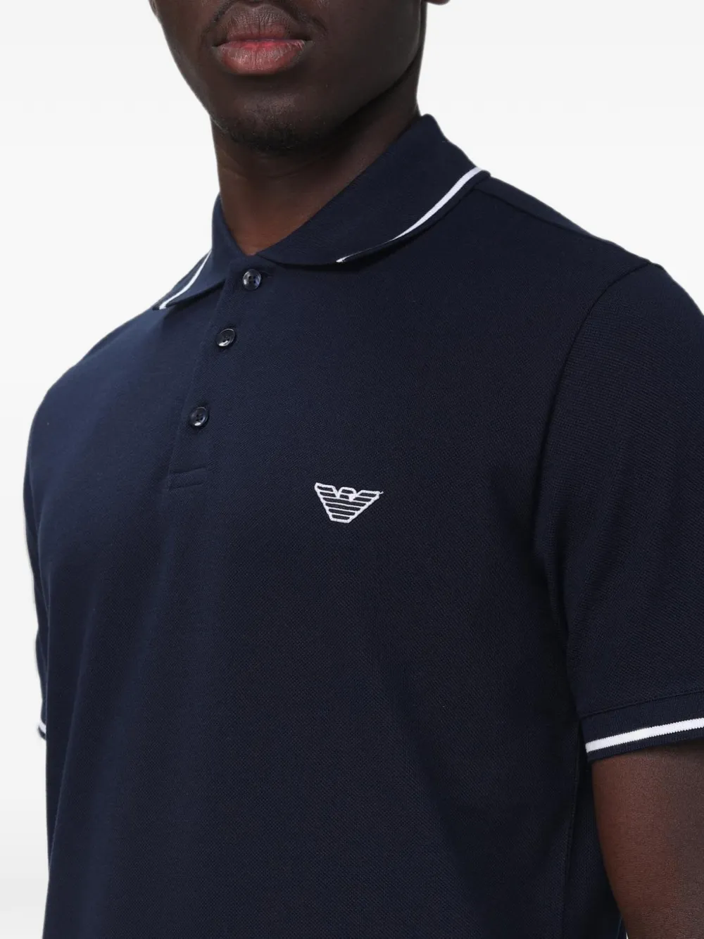 Emporio Armani logo-embroidered tipped polo shirt Blauw