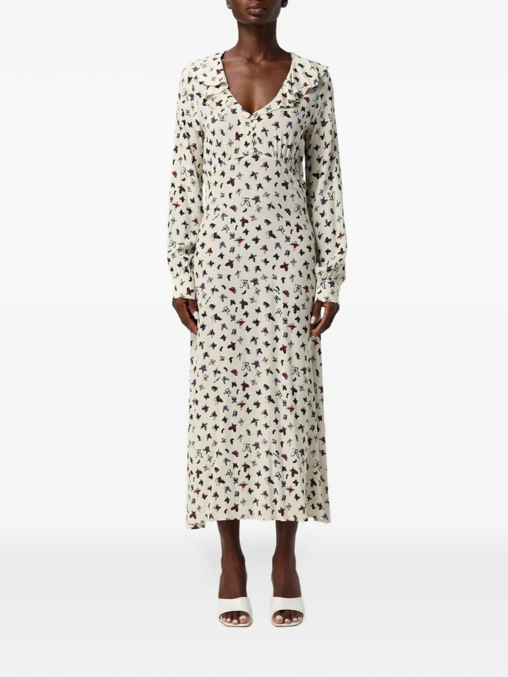 MAR DE MARGARITAS butterfly-print ruffled midi dress - Blanc MAR DE MARGARITAS butterfly-print ruffled midi dress - Blanc
