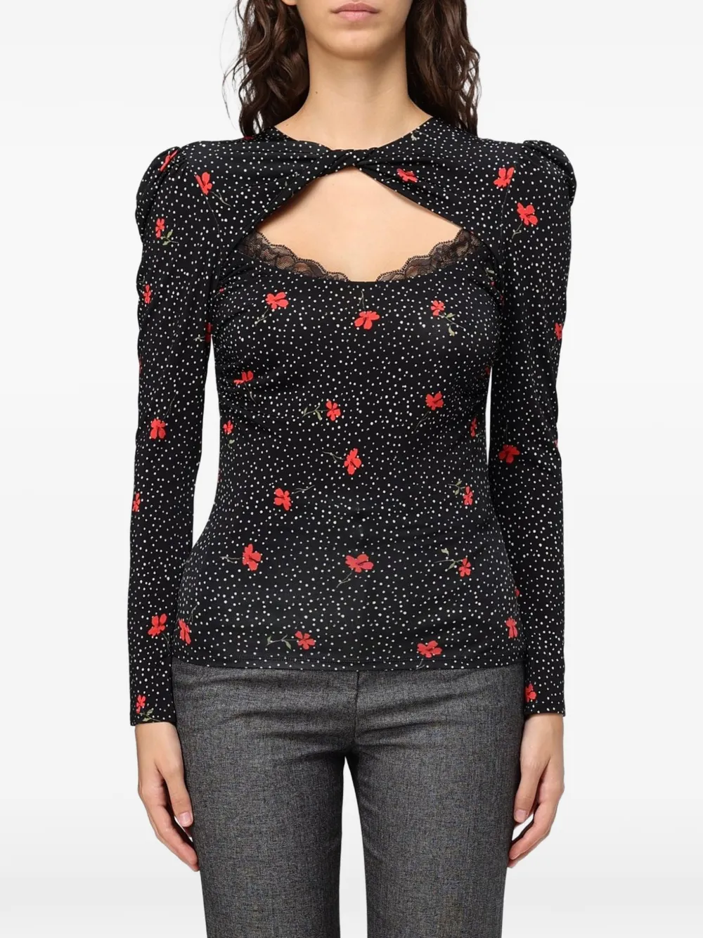 MAR DE MARGARITAS floral-print lace-trim top - Nero