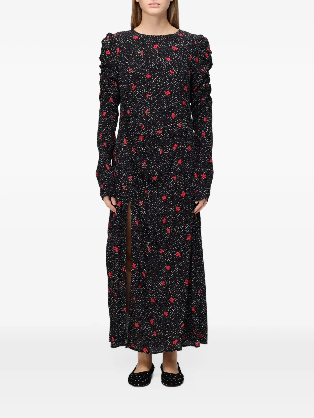 MAR DE MARGARITAS floral-print ruched-sleeve maxi dress - Noir MAR DE MARGARITAS floral-print ruched-sleeve maxi dress - Noir