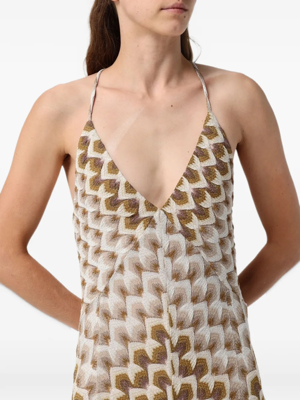 Missoni long viscose-lamé dress with crossed-straps Beige