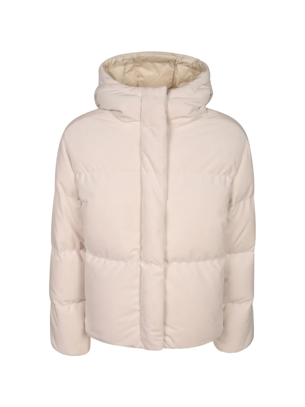 Moncler Enigme hooded Chenille short down jacket Beige