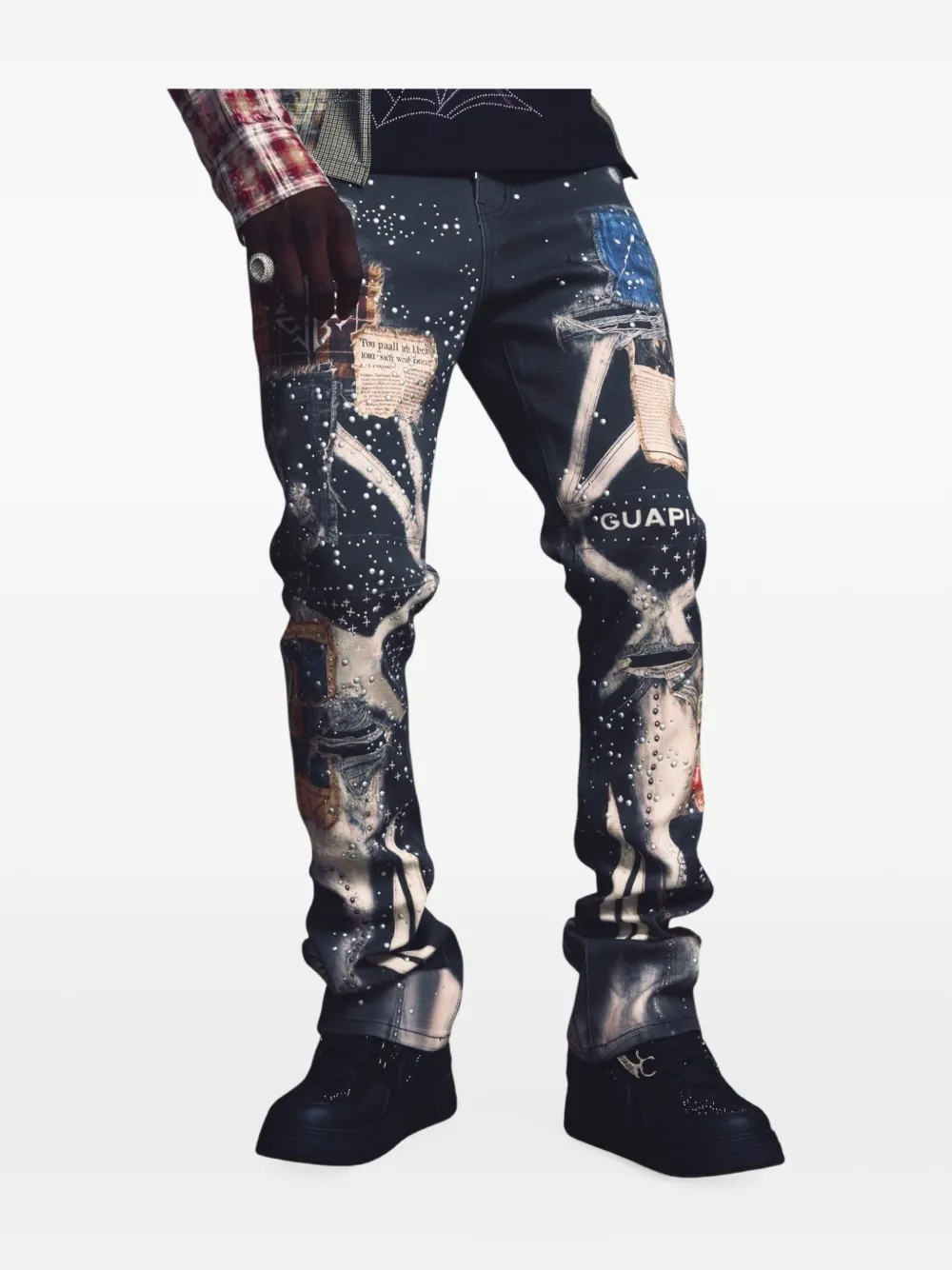 GUAPI Vintage Black Chronicle graphic-print splatter-effect slim-fit jeans Zwart