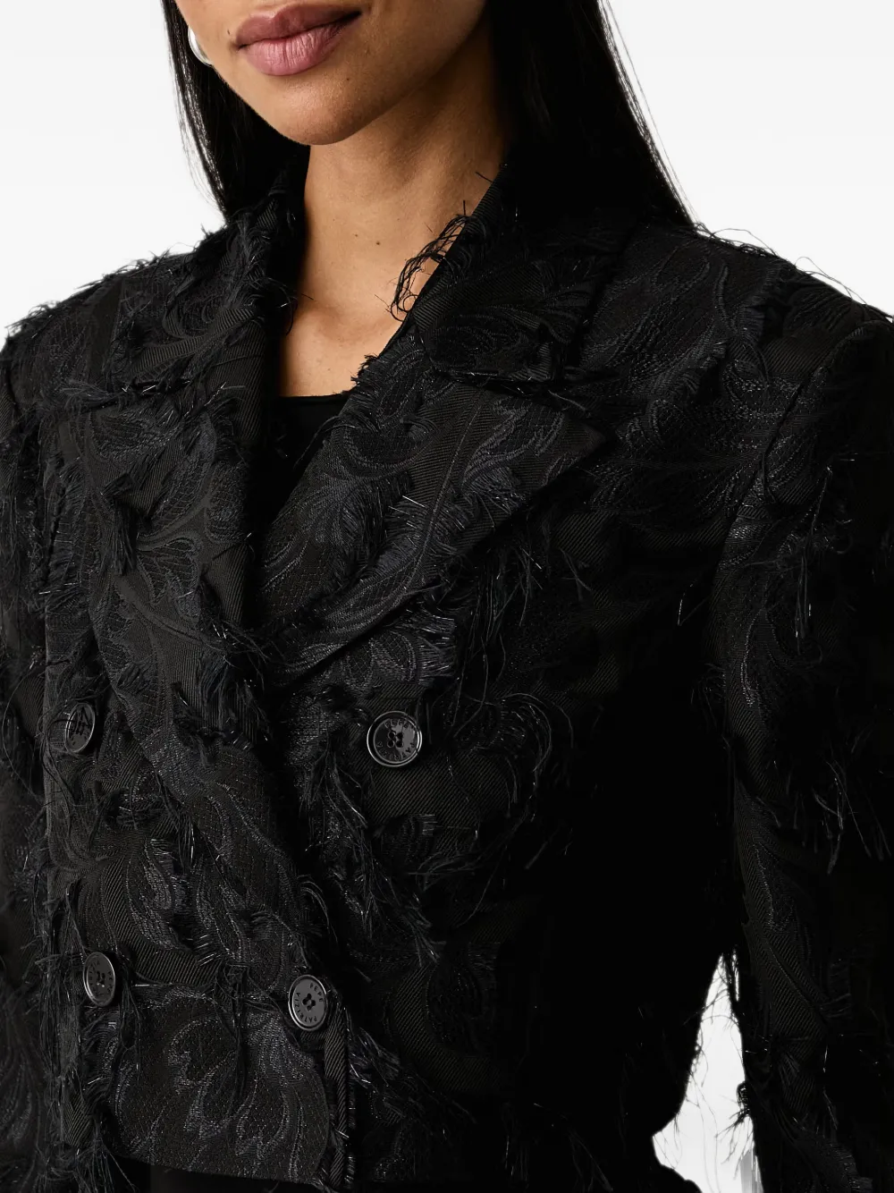 Patrizia Pepe feather-embellished jacquard jacket Zwart