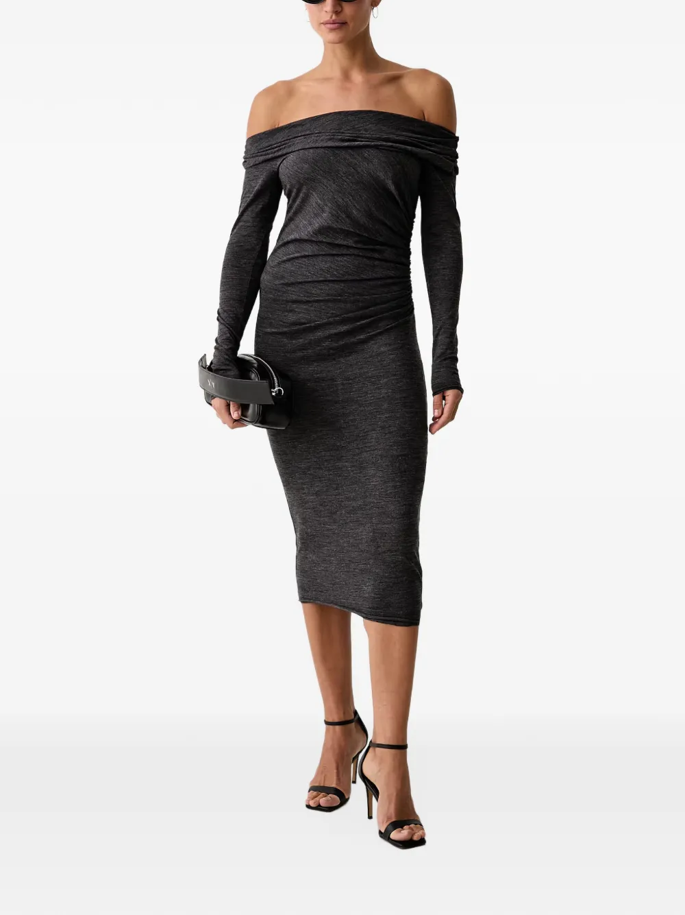 PINKO off-shoulder ruched midi dress Grijs