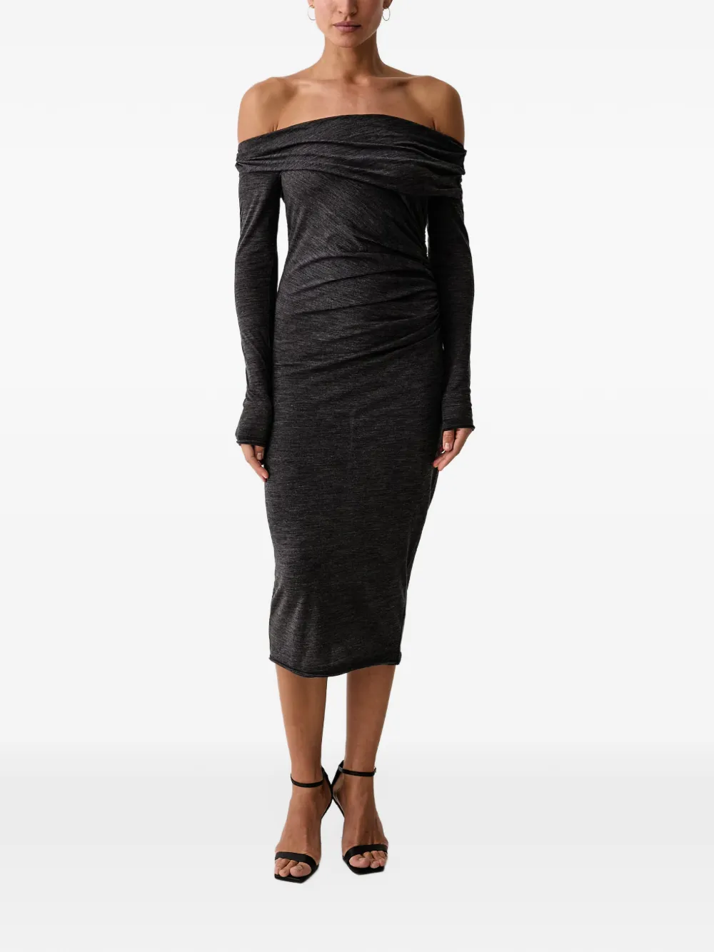 PINKO off-shoulder ruched midi dress Grijs
