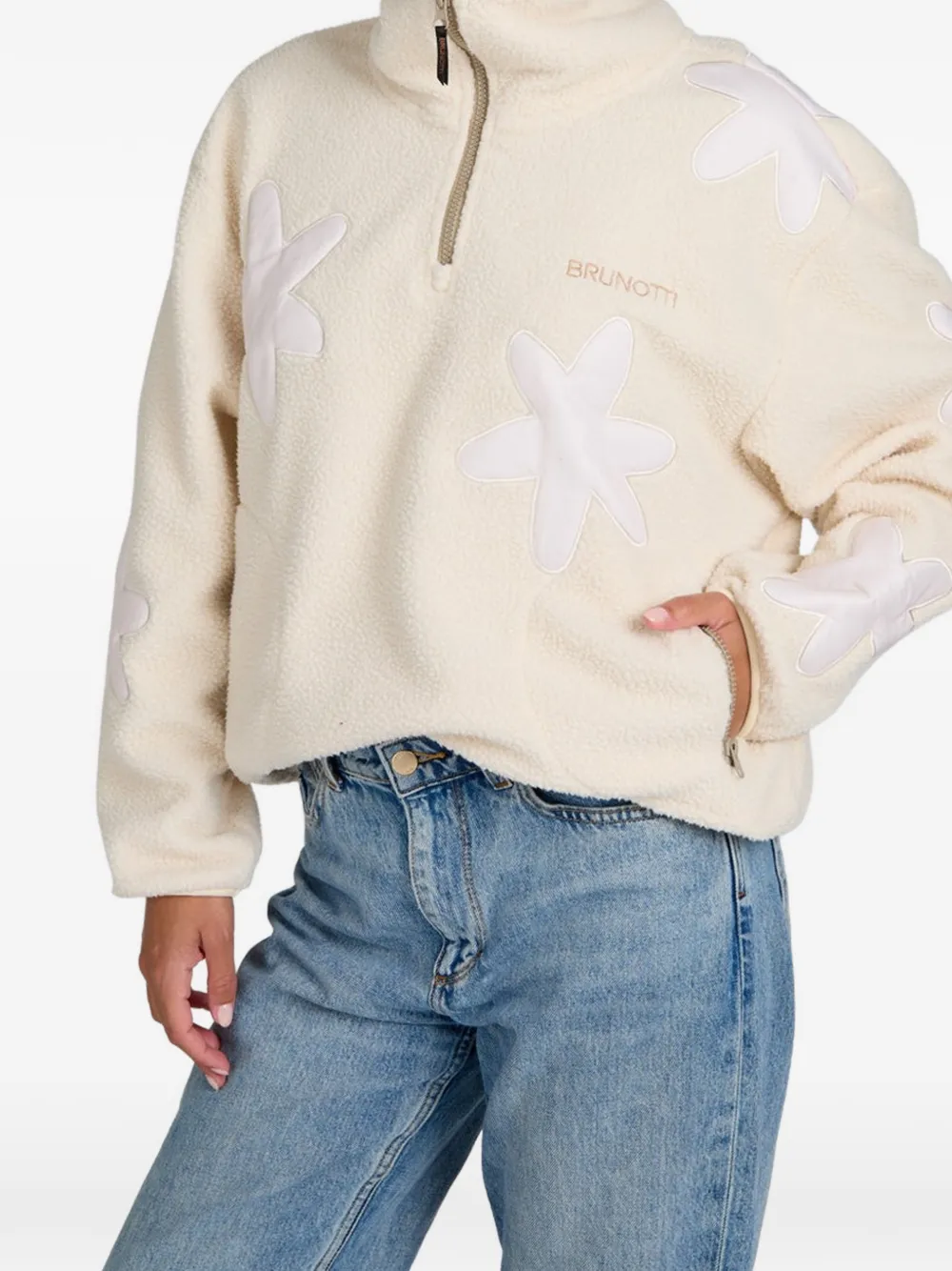Brunotti Kirsten fleece trui met bloemenpatch Beige