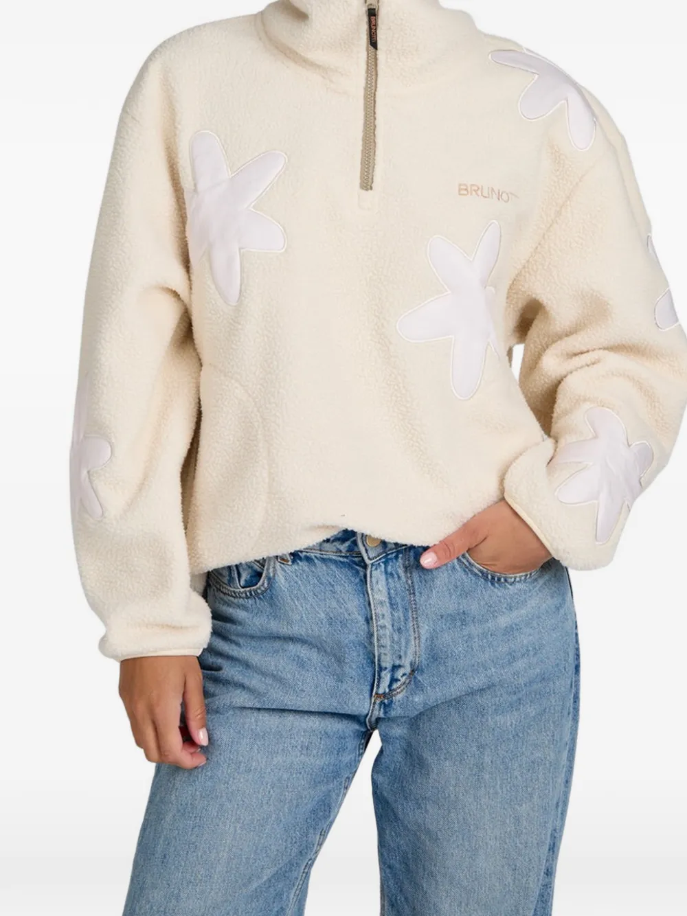 Brunotti Kirsten fleece trui met bloemenpatch Beige