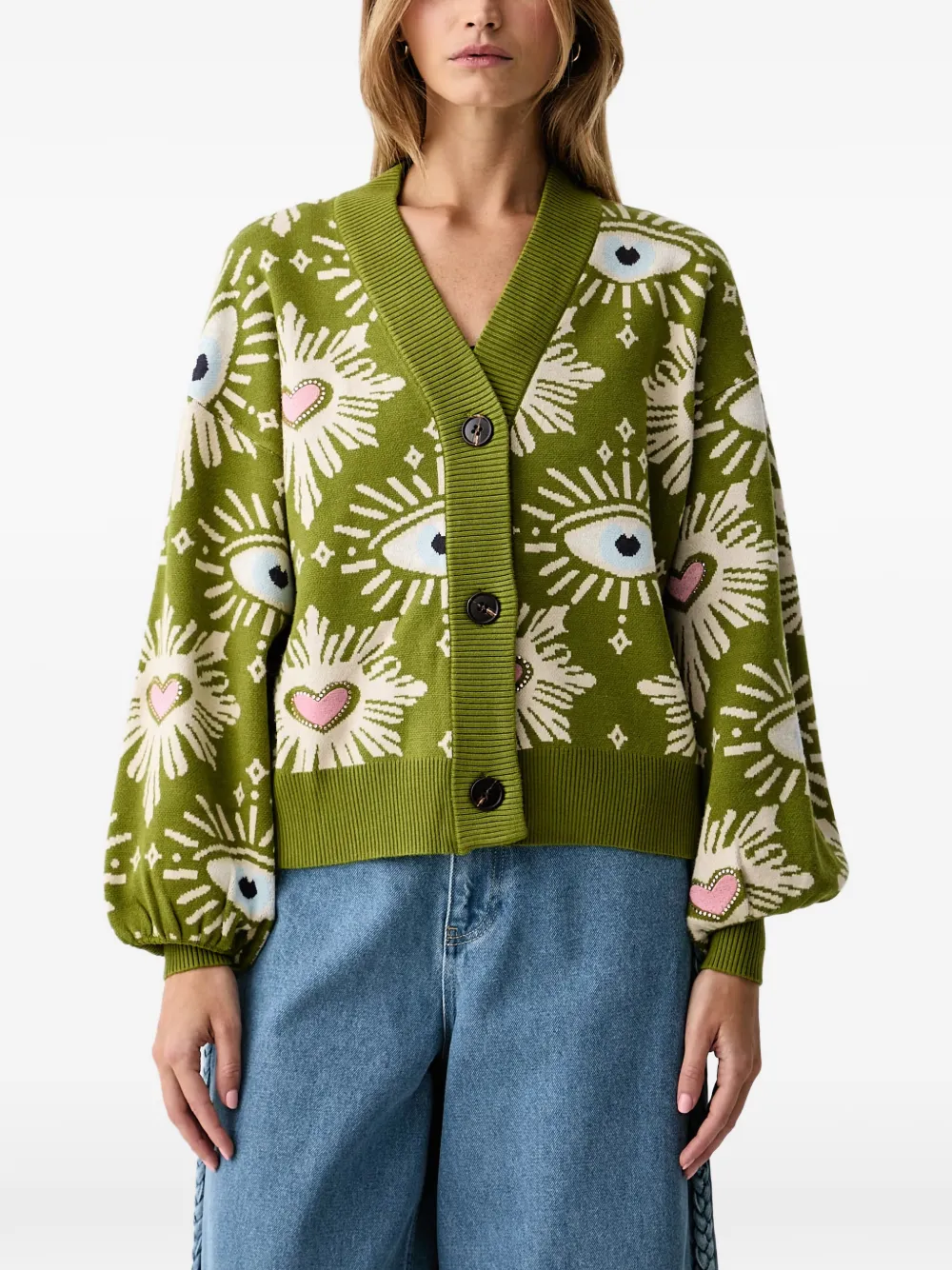 NEVER FULLY DRESSED eye-intarsia crystal-embellished cardigan - Verde