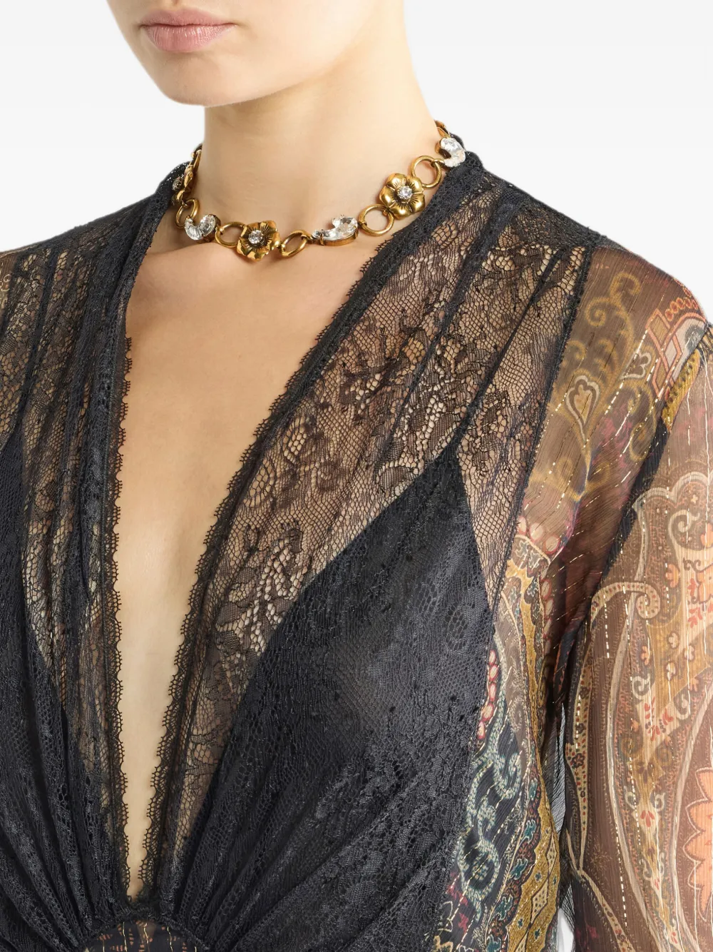 ETRO long dress in silk with lace and floral motif Zwart