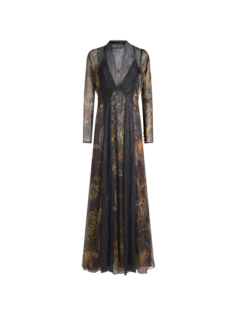 ETRO long dress in silk with lace and floral motif Zwart