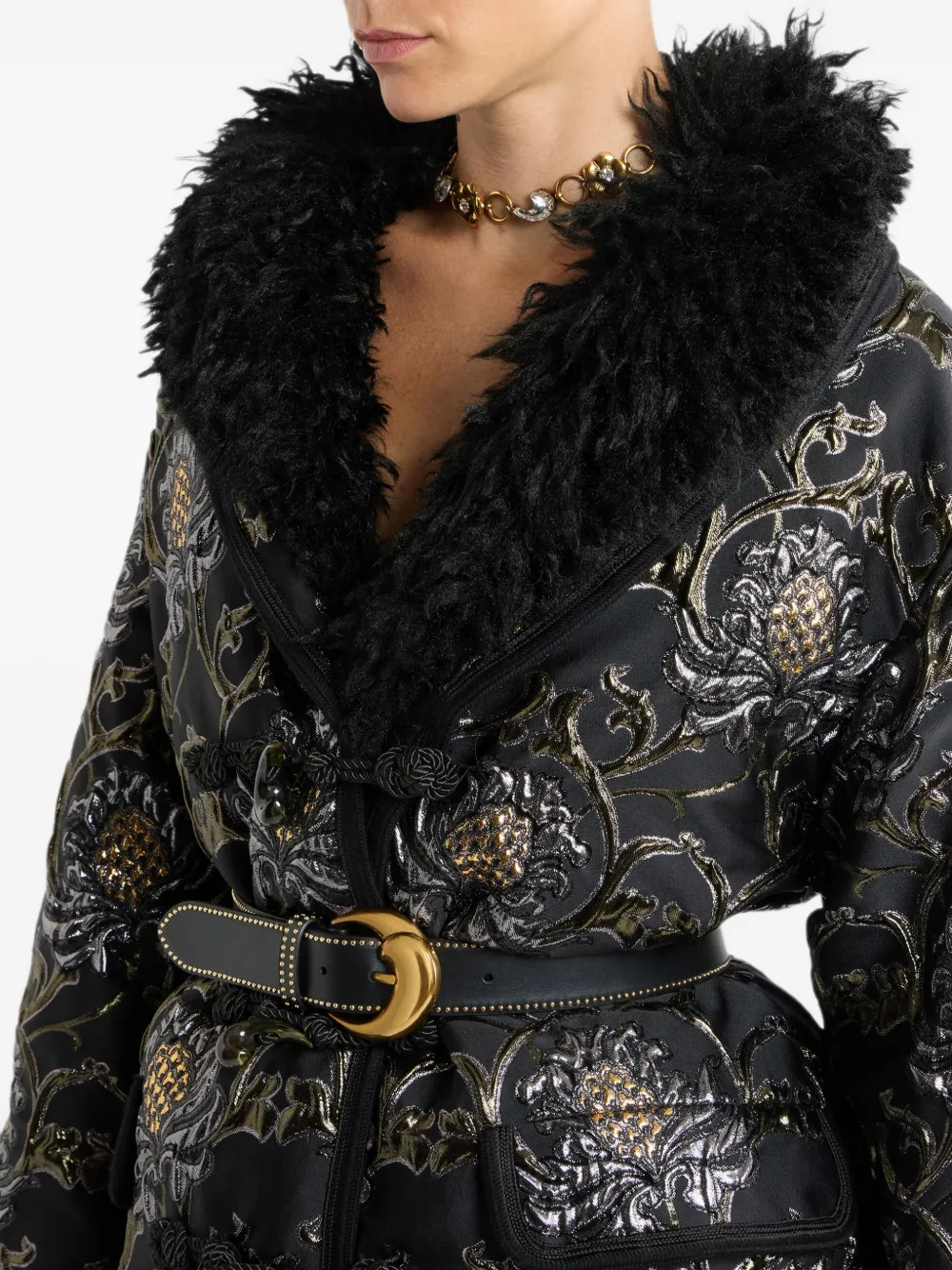 ETRO short jacquard coat with belt and faux-fur Zwart