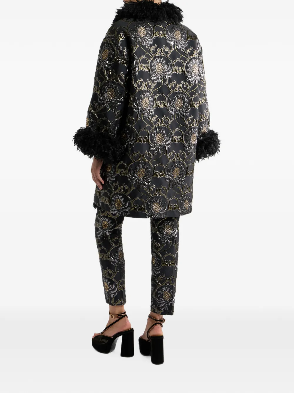 ETRO short jacquard coat with belt and faux-fur Zwart