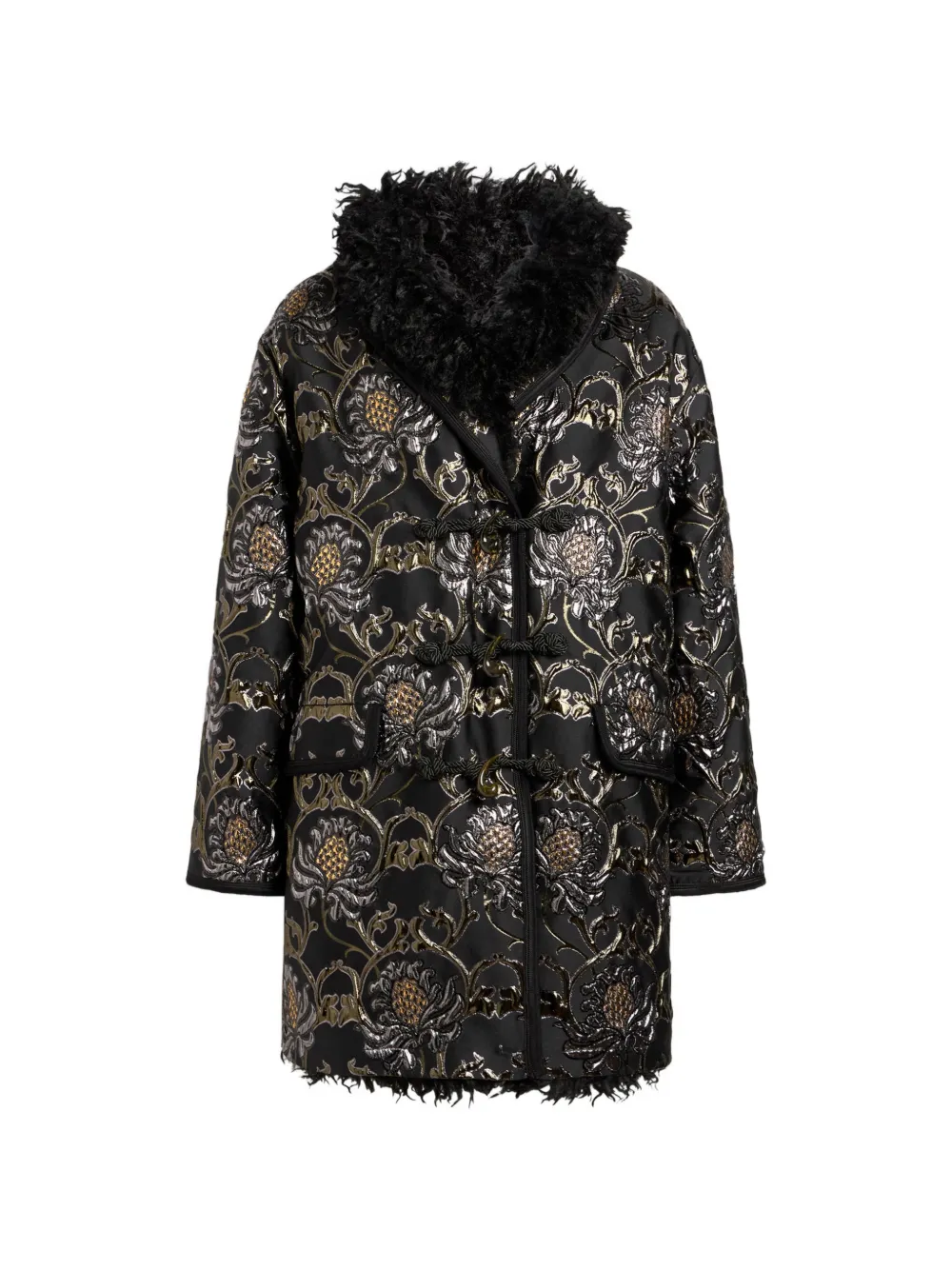 ETRO short jacquard coat with belt and faux-fur Zwart