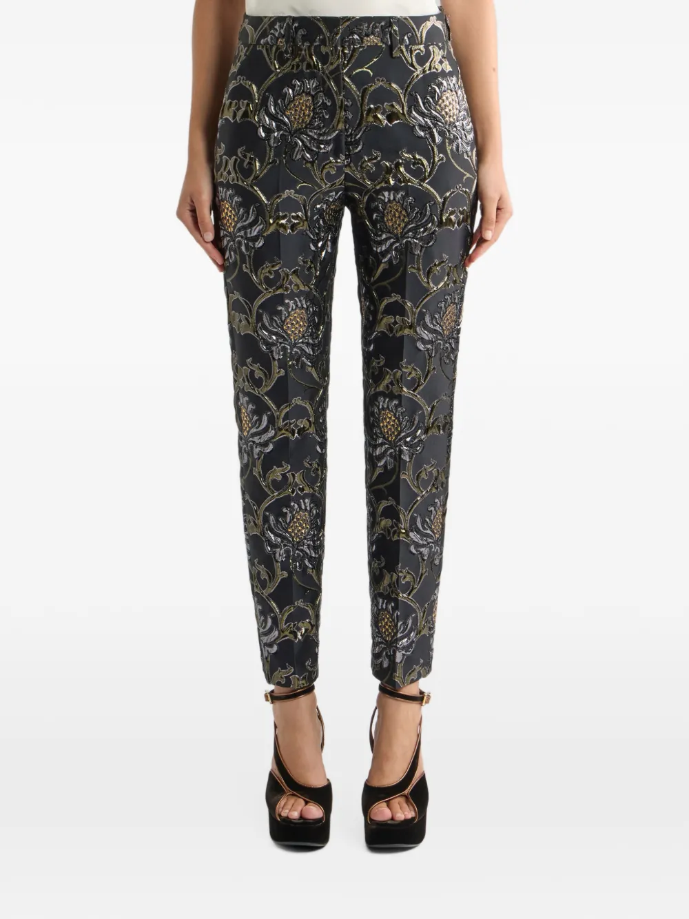 ETRO cropped jacquard trousers with damask motif Zwart