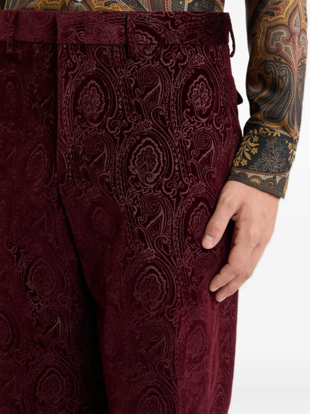 ETRO straight-leg cotton velvet trousers with arnica motif Rood