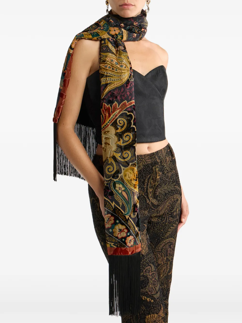 ETRO silk-blend velvet scarf with floral-paisley motif Zwart