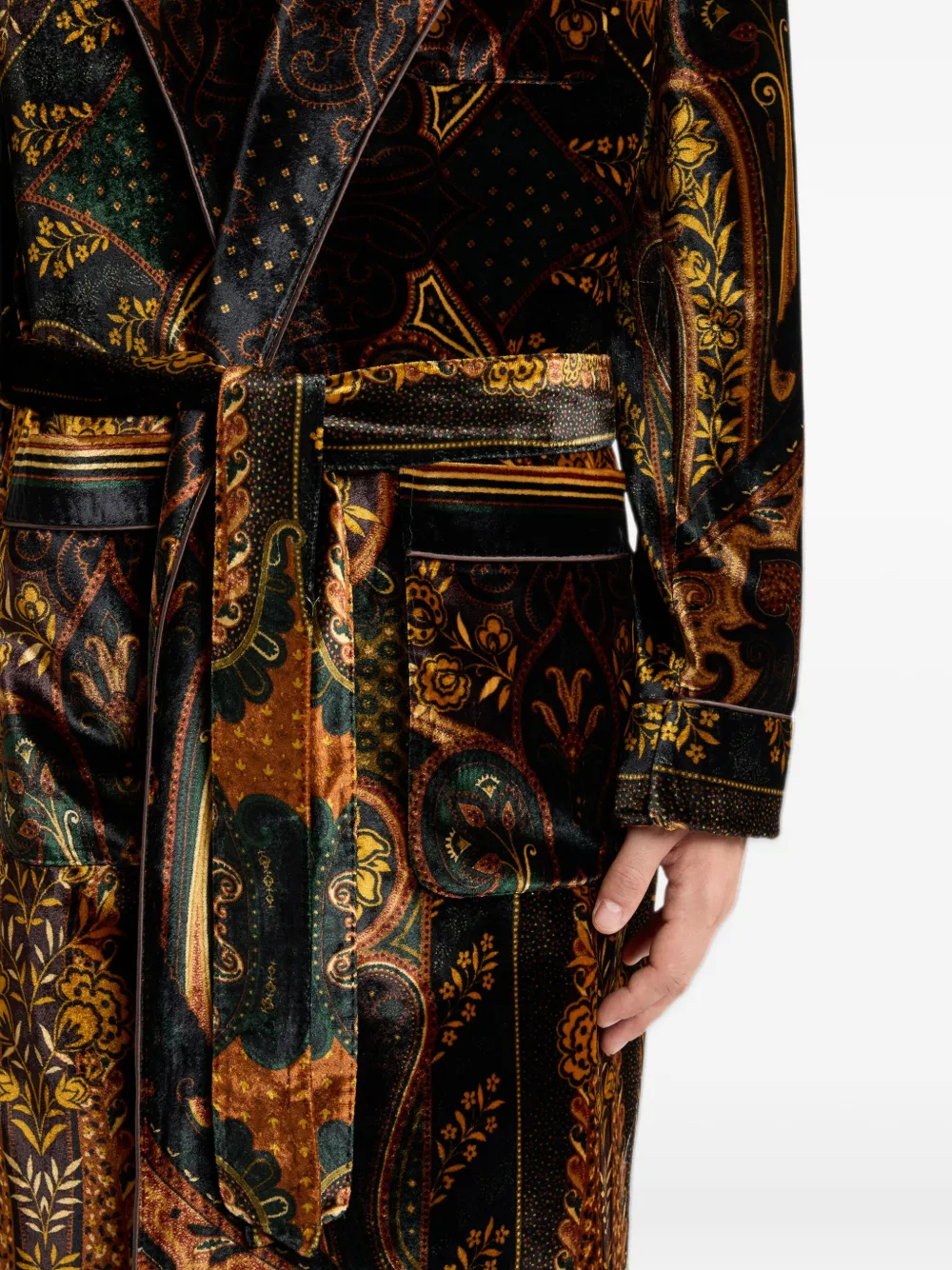 ETRO velvet robe coat with placed paisley-print Zwart
