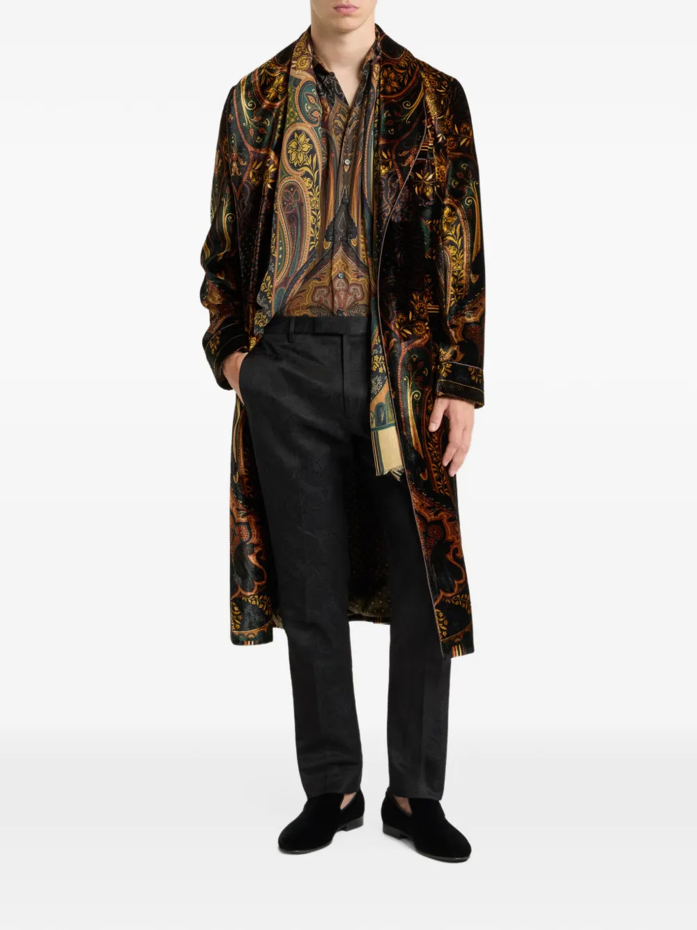 ETRO velvet robe coat with placed paisley-print Zwart