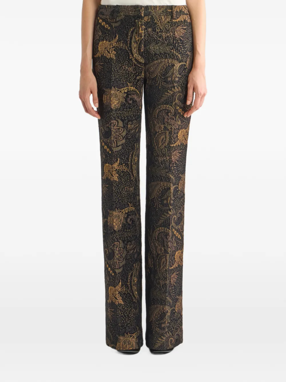 ETRO fit-and-flare chenille-jacquard trousers with floral paisley-motif Zwart