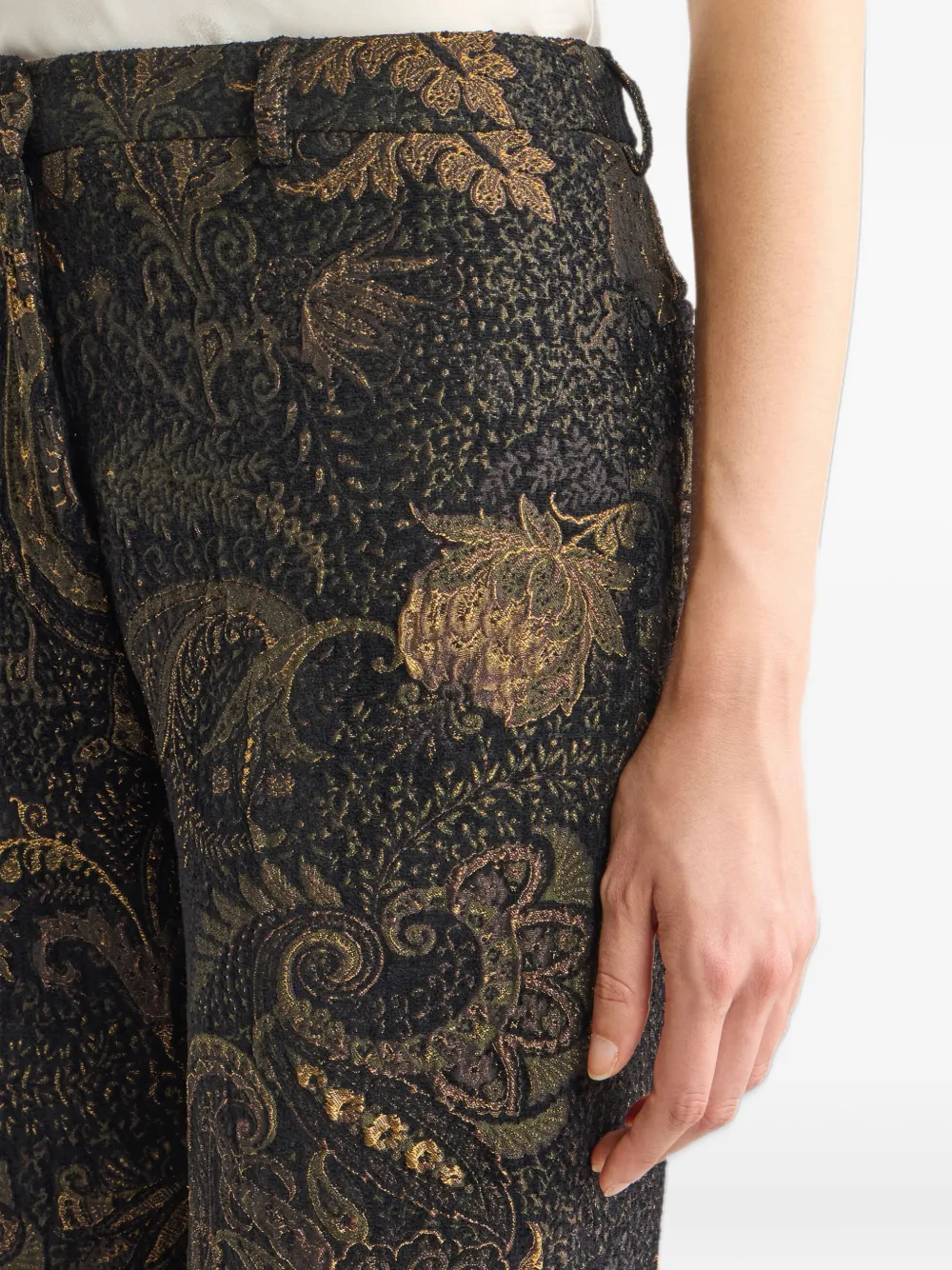 ETRO fit-and-flare chenille-jacquard trousers with floral paisley-motif Zwart
