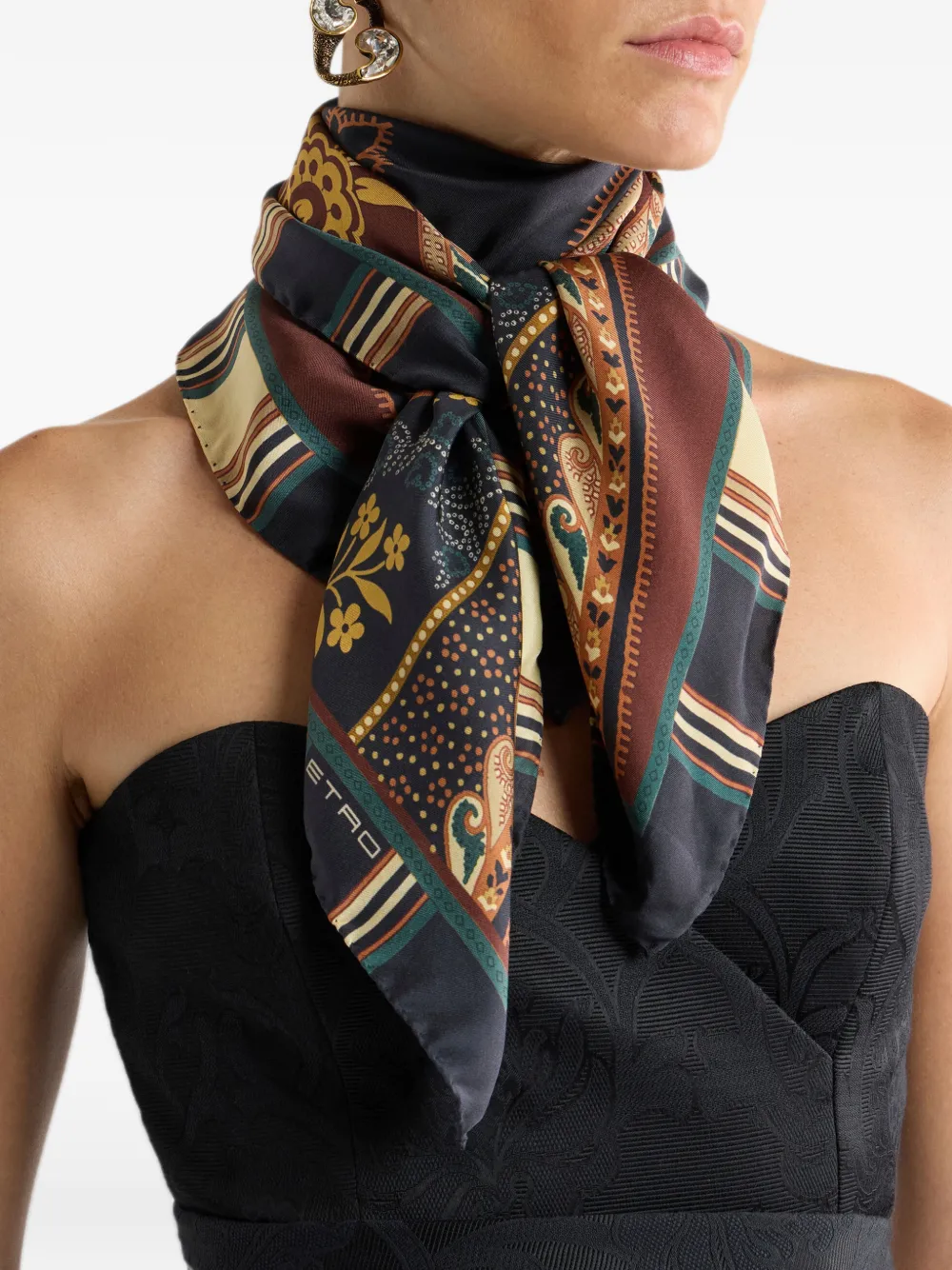 ETRO silk-twill scarf with damask-motif Beige