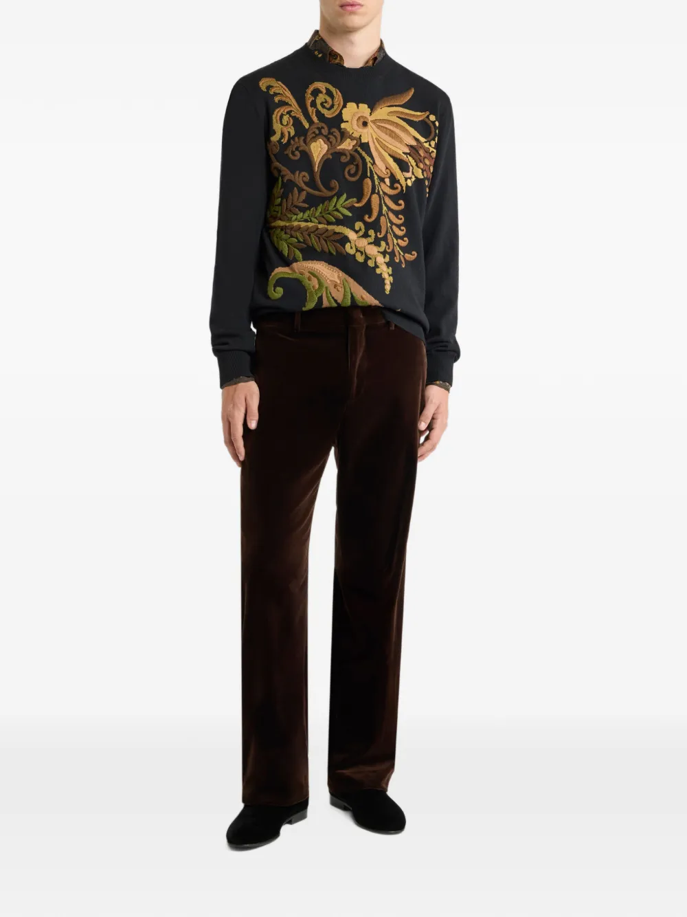 ETRO plain-coloured straight-leg cotton velvet trousers Bruin