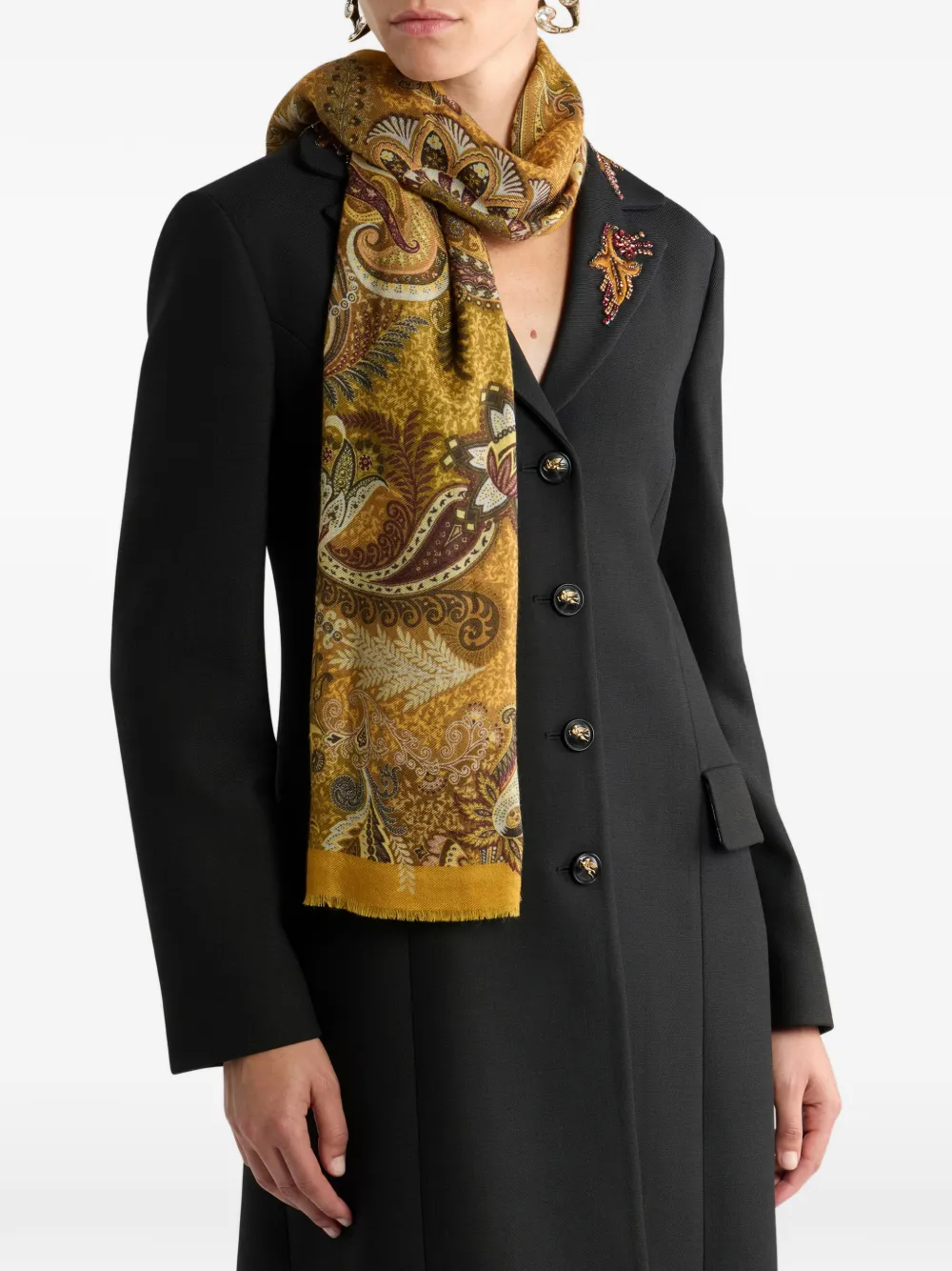 ETRO wool cashmere and silk shawl with floral-paisley motif Geel