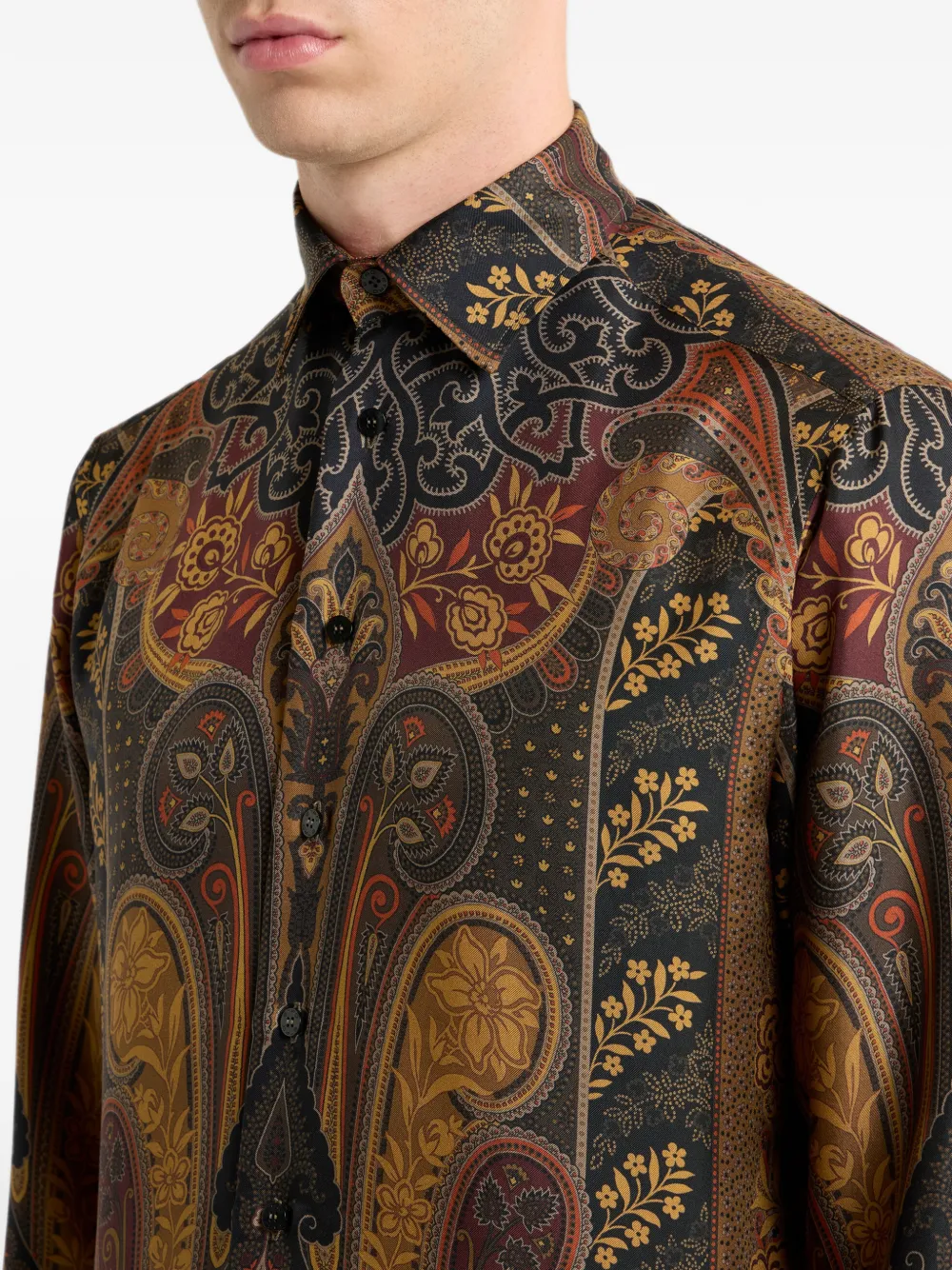 ETRO silk-twill shirt with placed paisley-print Zwart