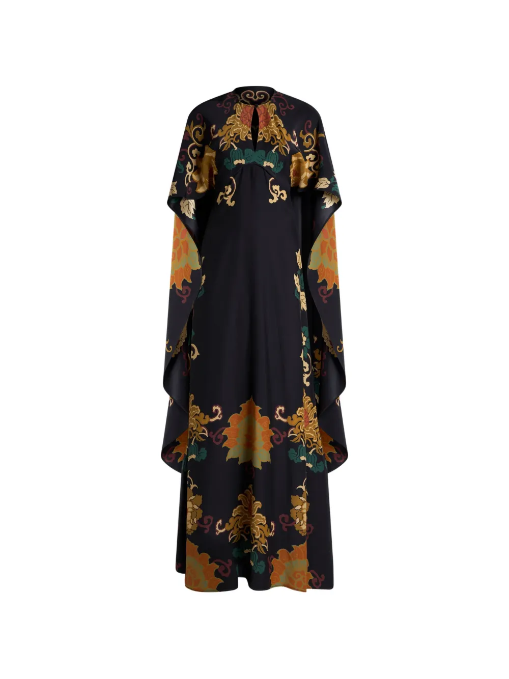ETRO long silk dress with cape and placed floral-print Zwart