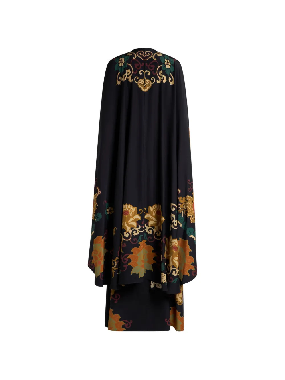 ETRO long silk dress with cape and placed floral-print Zwart