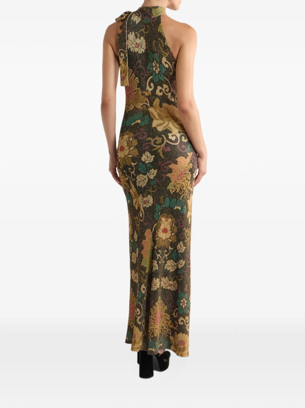 ETRO metallic ribbed-knit long dress with floral-motif Zwart