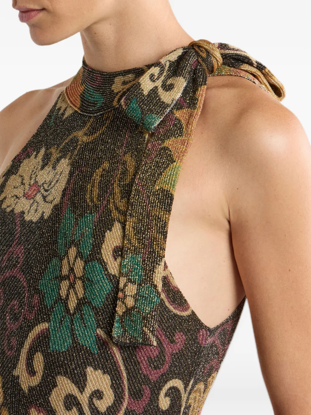 ETRO metallic ribbed-knit long dress with floral-motif Zwart