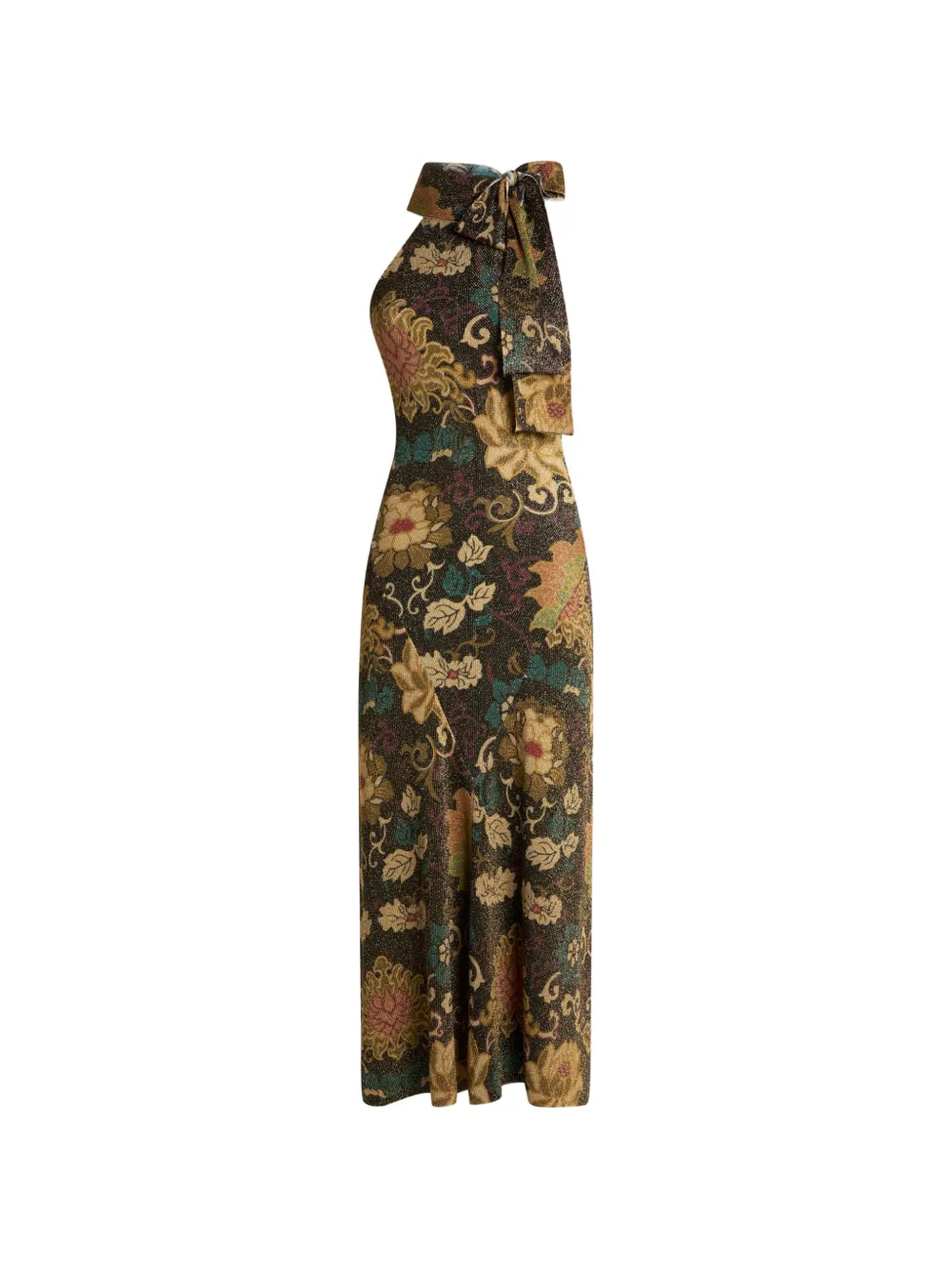 ETRO metallic ribbed-knit long dress with floral-motif Zwart