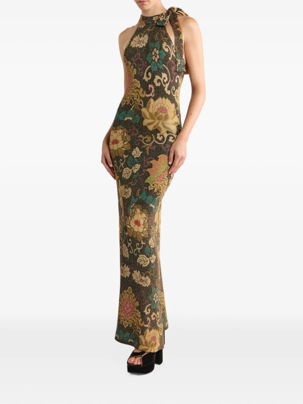 ETRO metallic ribbed-knit long dress with floral-motif Zwart