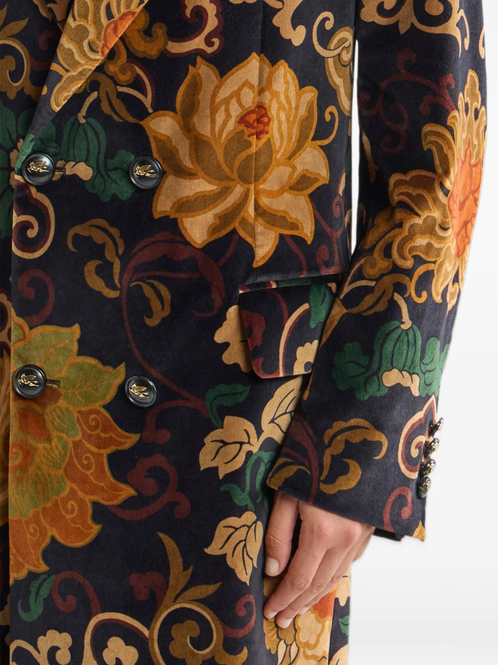 ETRO double-breasted velvet coat with placed floral-print Zwart