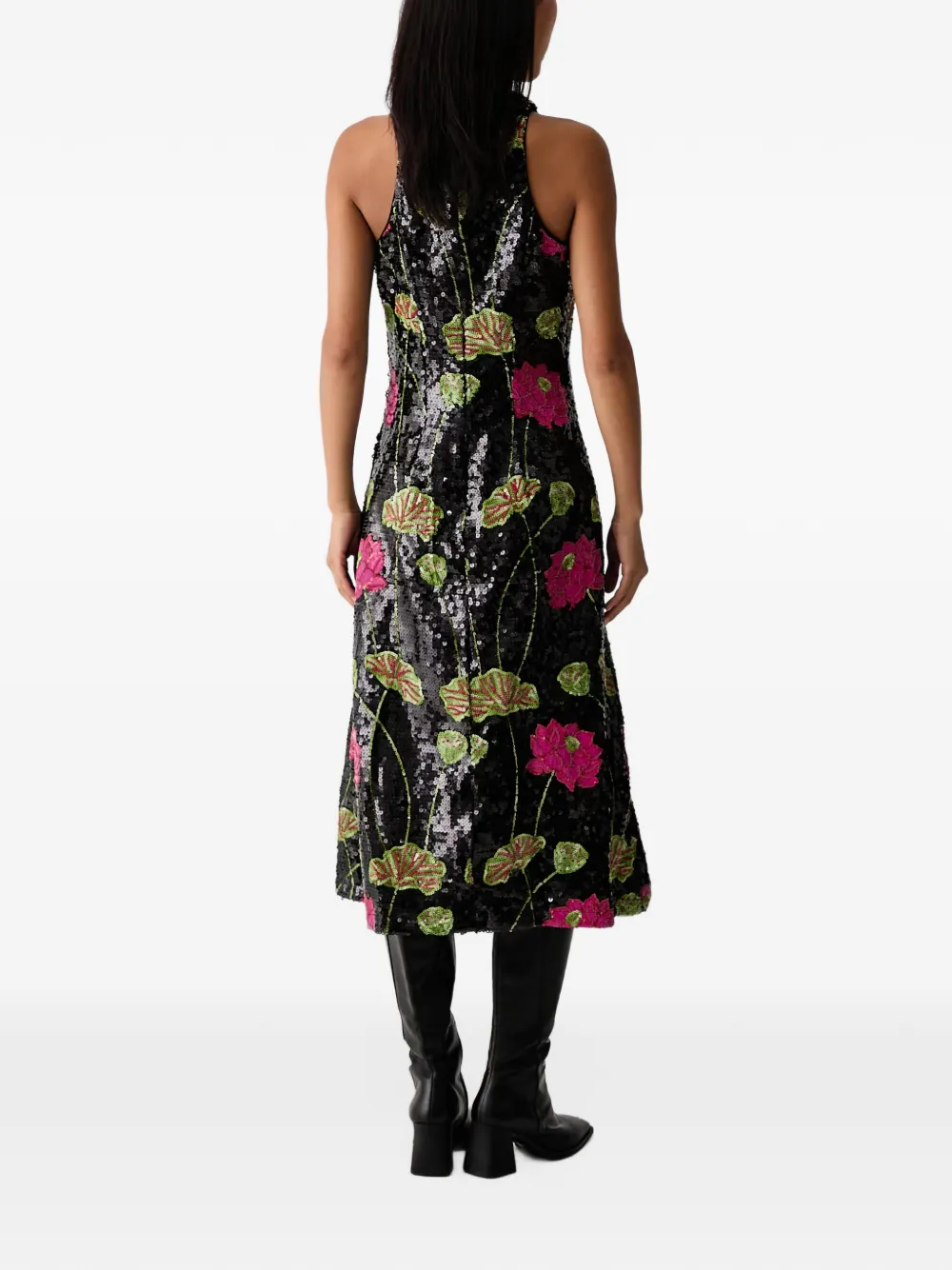 FARM Rio flower sequins sleeveless midi dress Zwart