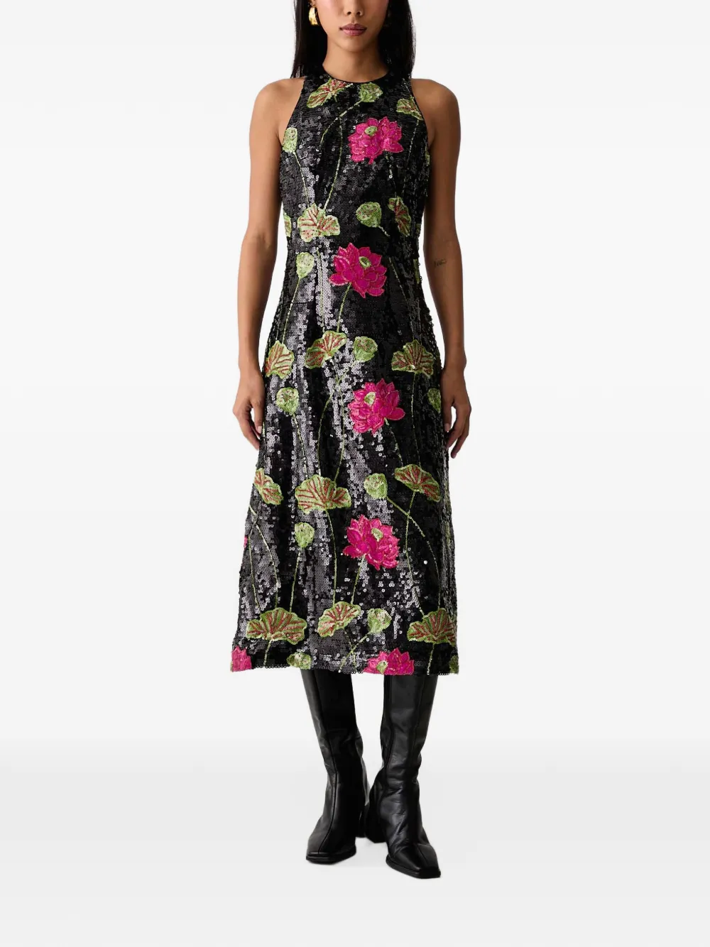 FARM Rio flower sequins sleeveless midi dress Zwart