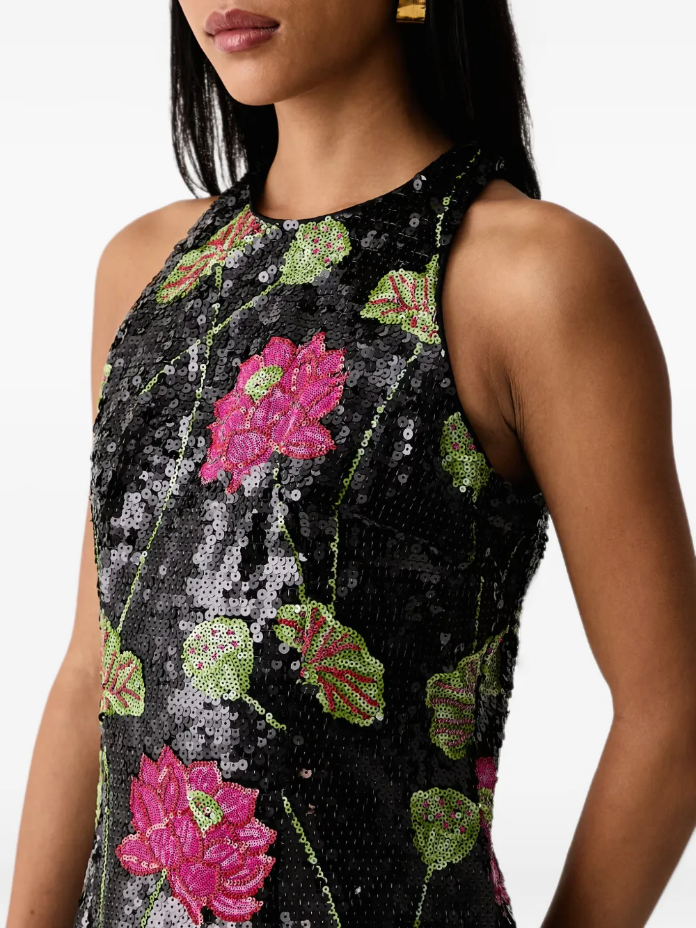FARM Rio flower sequins sleeveless midi dress Zwart