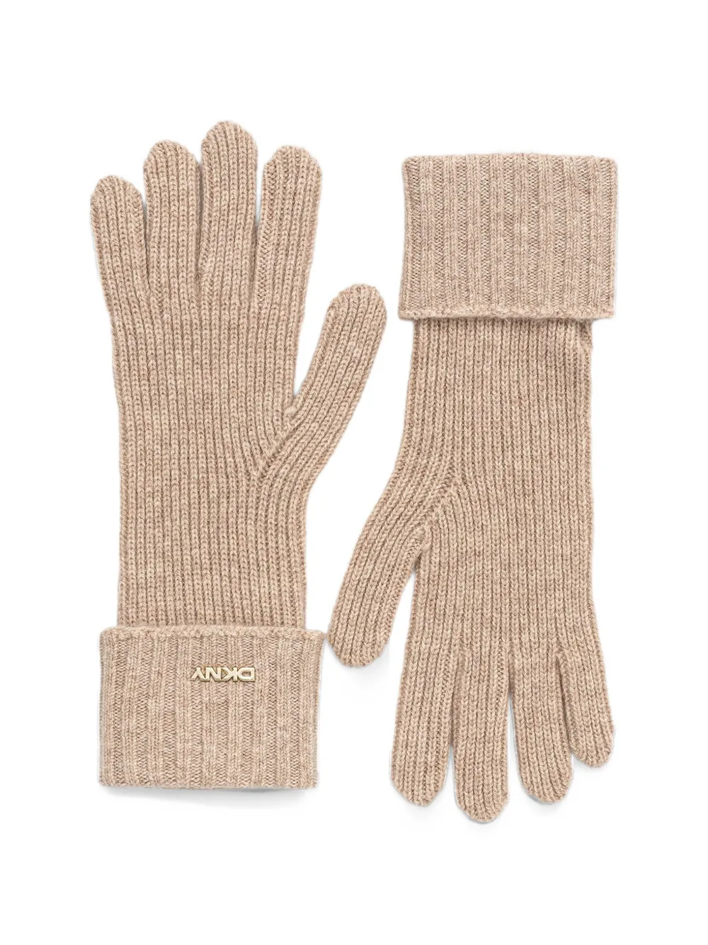 DKNY logo-plaque ribbed-knit gloves Beige