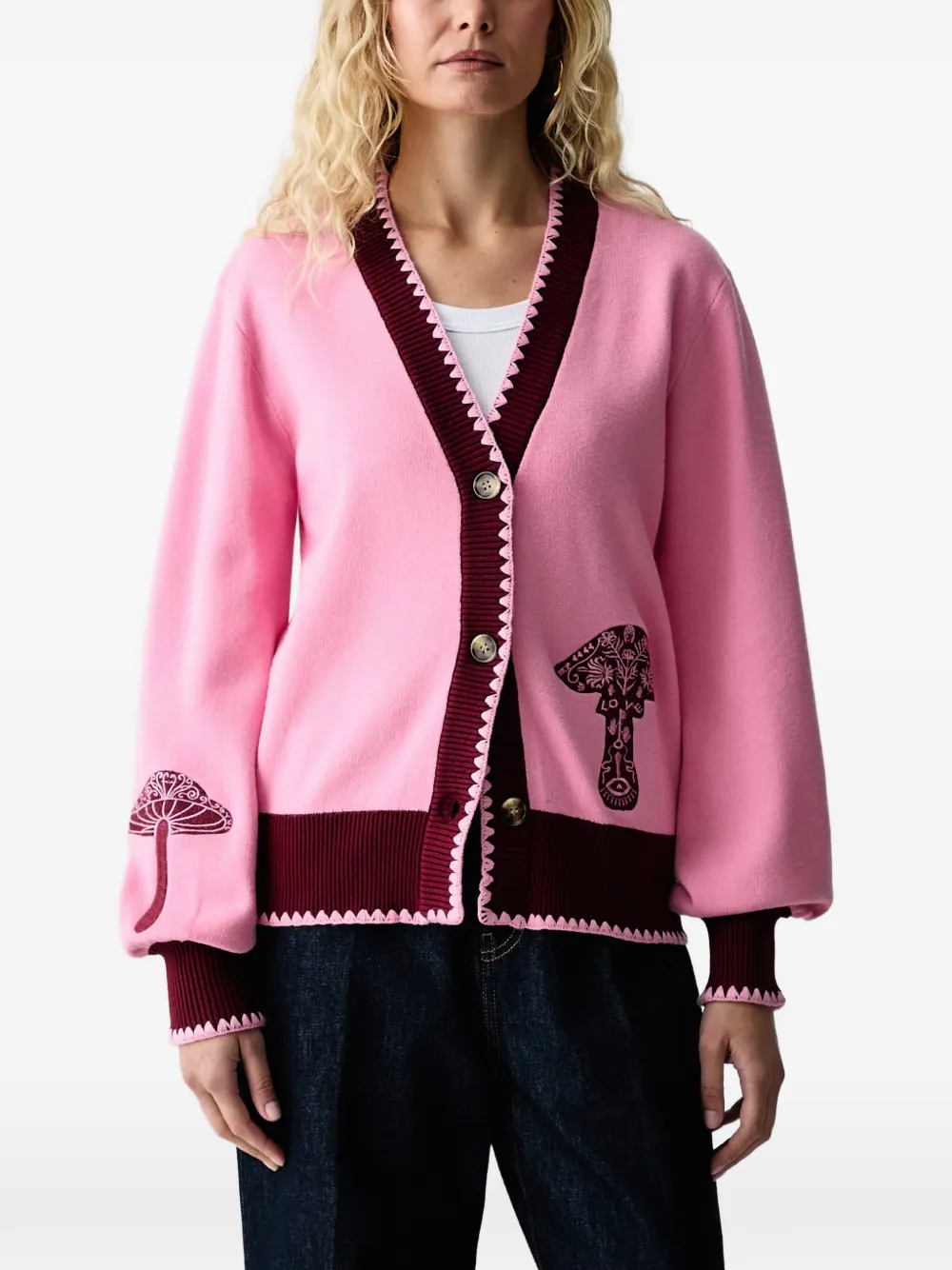 NEVER FULLY DRESSED mushroom-embroidered scallop-trim cardigan - Rosa