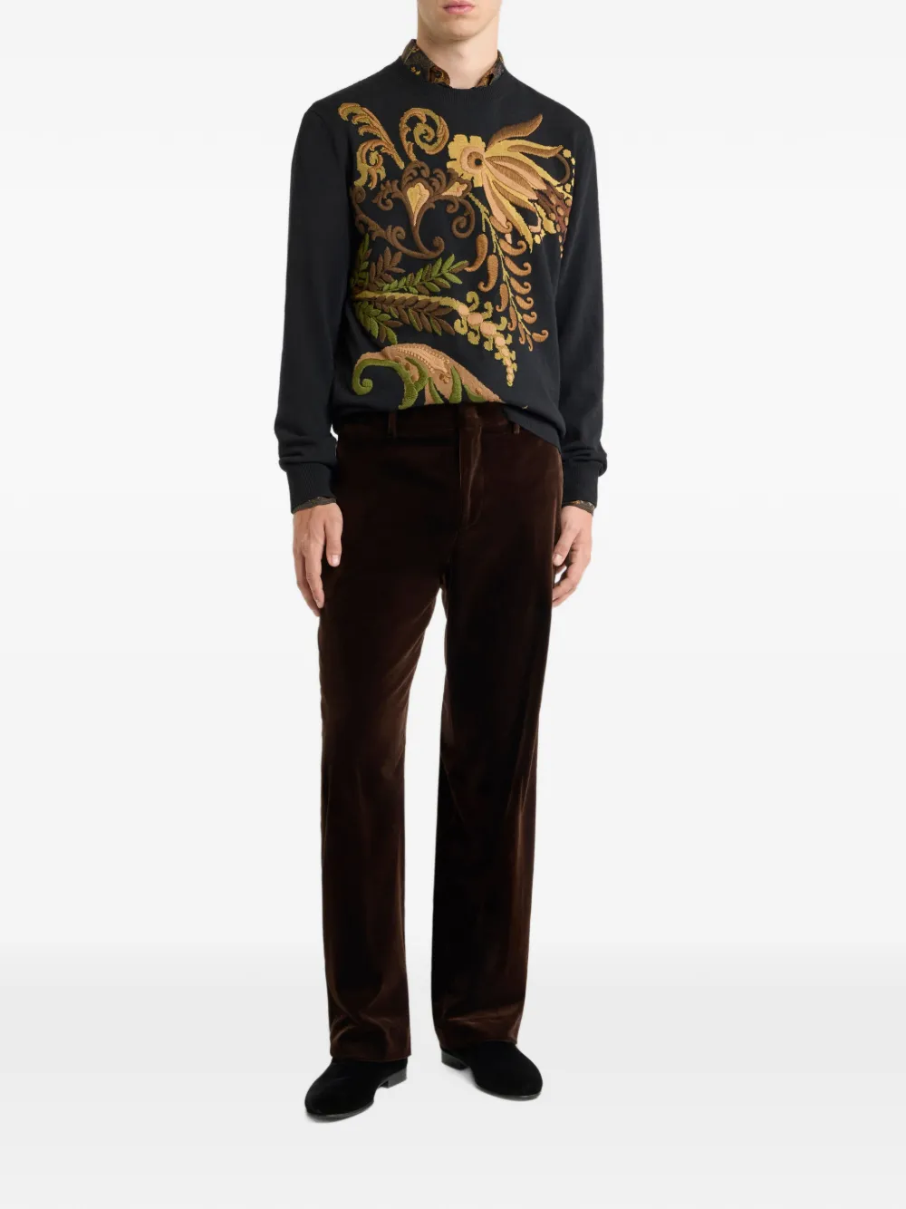ETRO wool jacquard sweater with floral embroidery Zwart