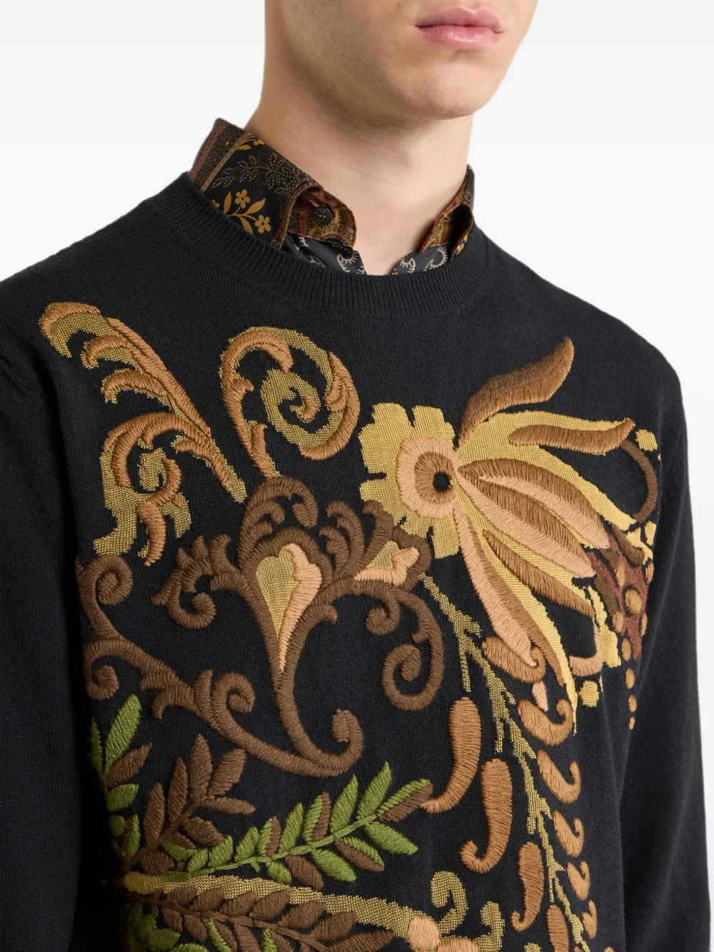 ETRO wool jacquard sweater with floral embroidery Zwart