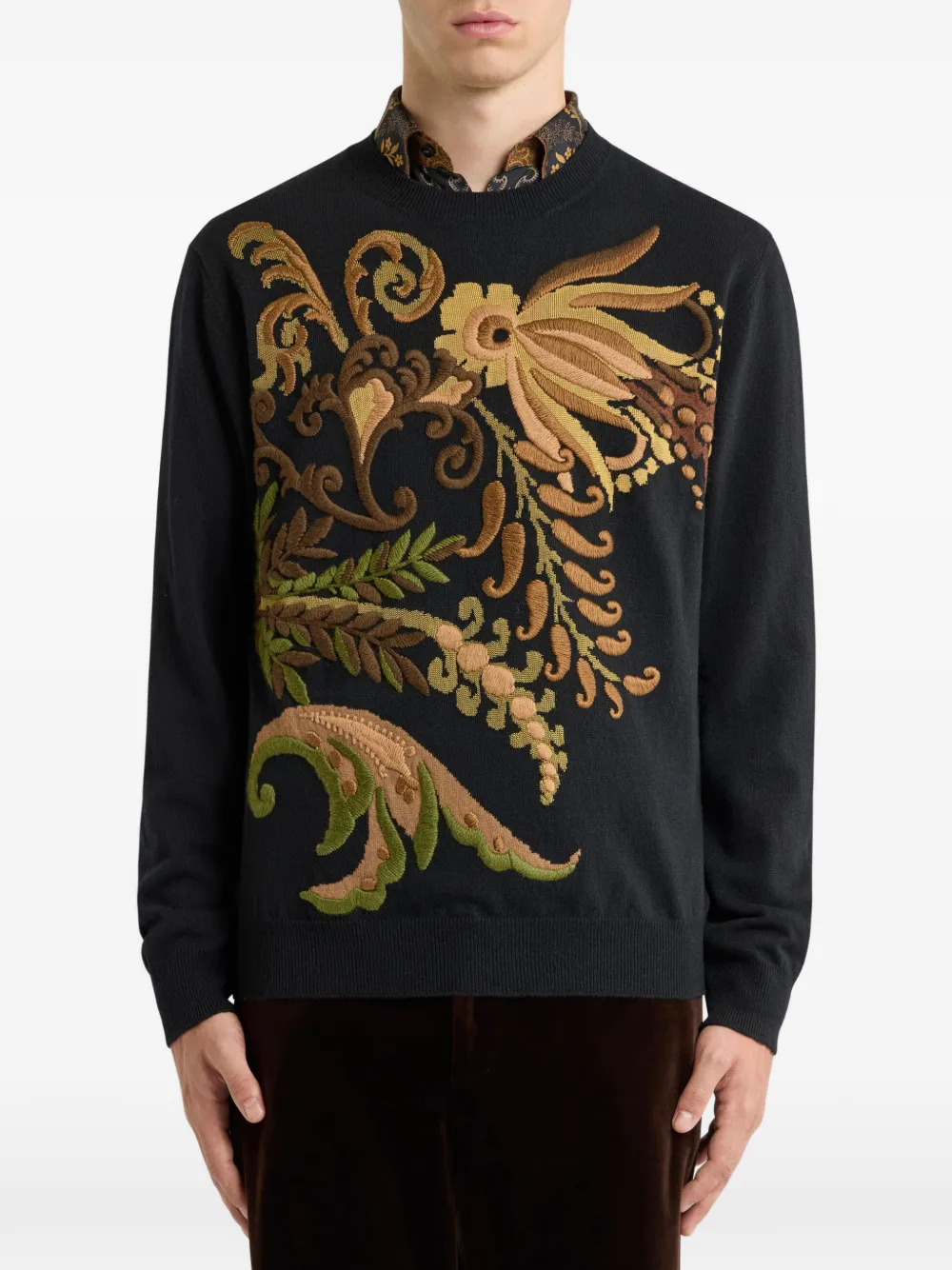 ETRO wool jacquard sweater with floral embroidery Zwart