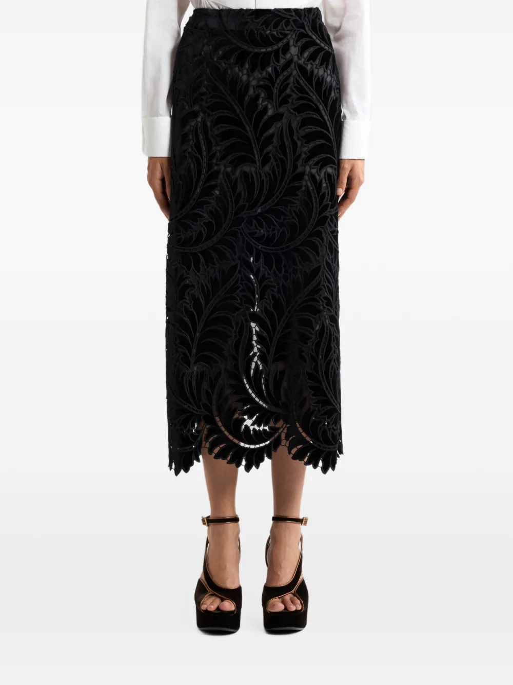 ETRO embroidered cotton velvet midi skirt Zwart