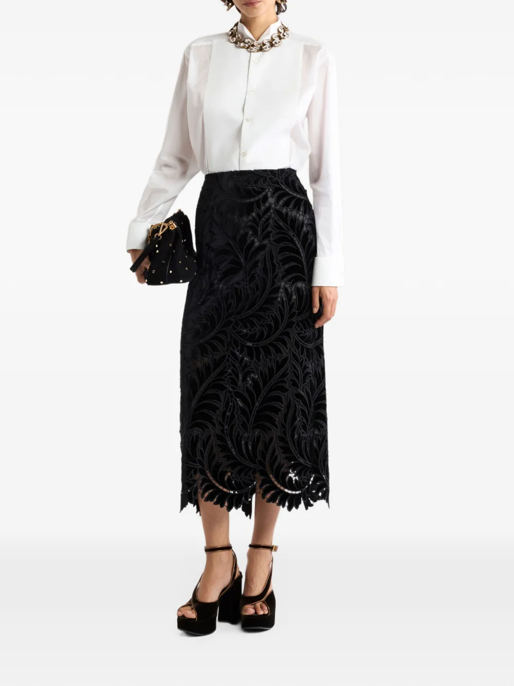 ETRO embroidered cotton velvet midi skirt Zwart