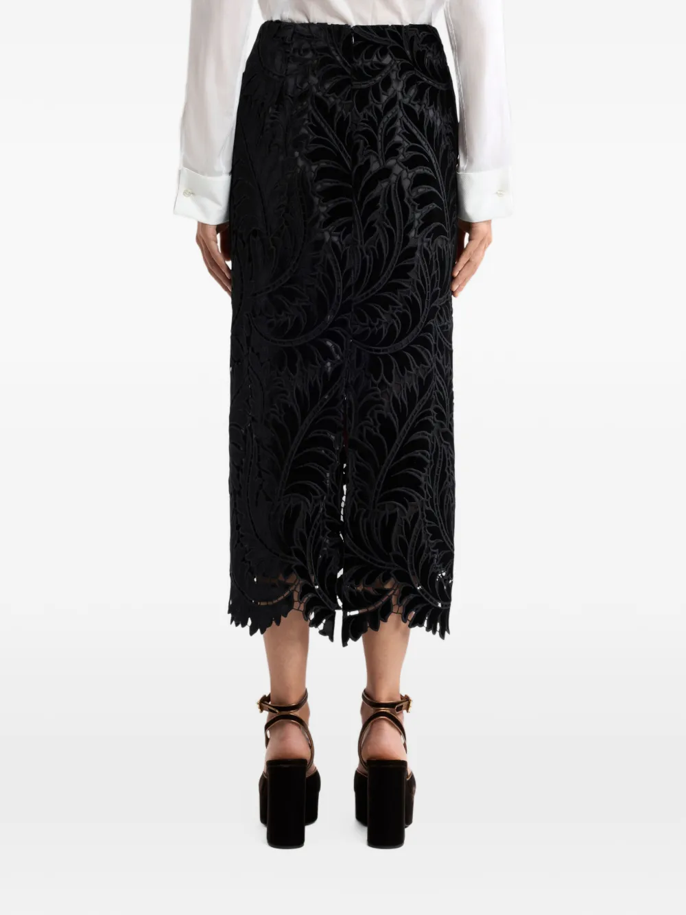 ETRO embroidered cotton velvet midi skirt Zwart