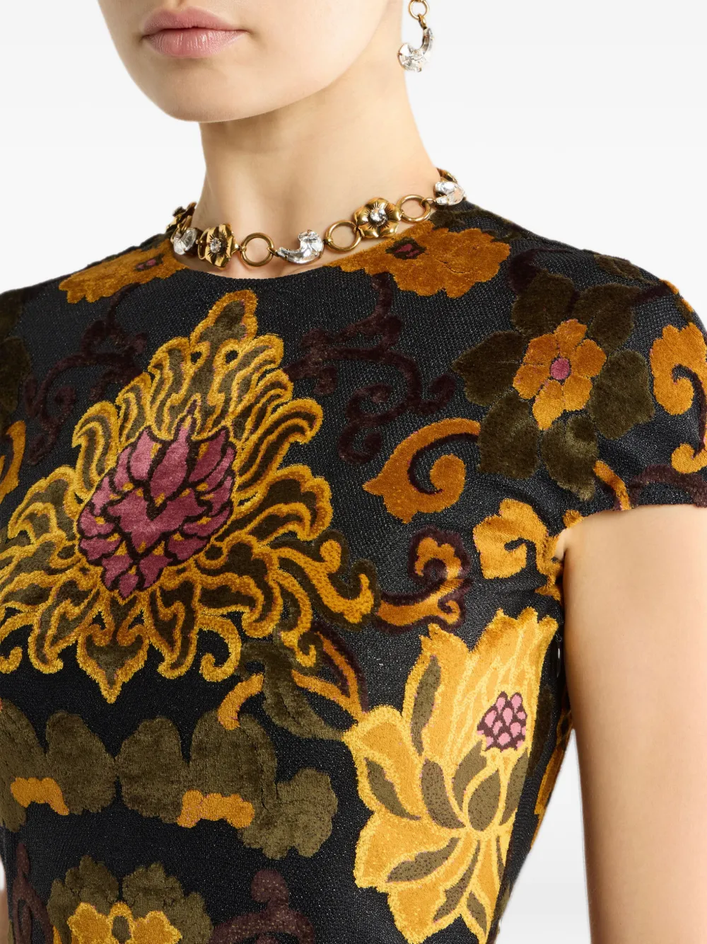 ETRO long jacquard dress with chenille floral-motif Zwart